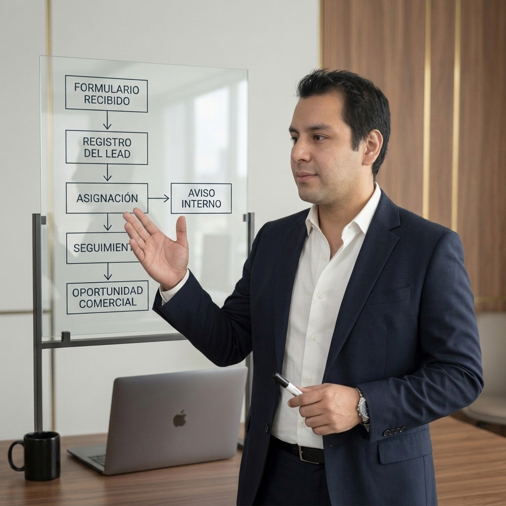 David Muñoz Vega explicando un flujo de automatización comercial.