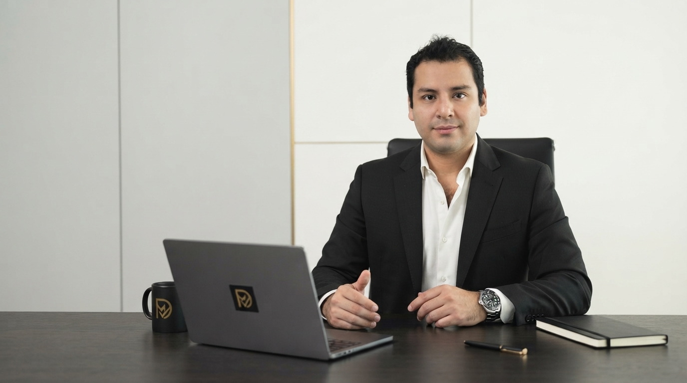 David Muñoz Vega, fundador de D&MV Consultancy, en su despacho con portátil y cuaderno.